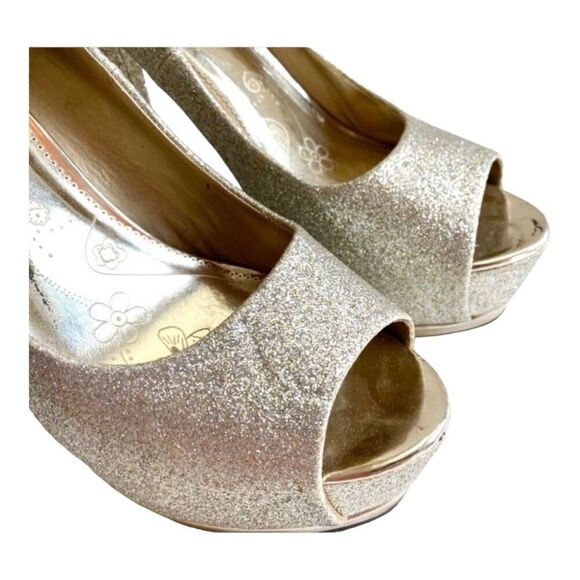Womens Speed Limit 98 Gold Shimmer Glitter Open Toe Pumps Heels  - Sz 8 - Picture 2 of 5